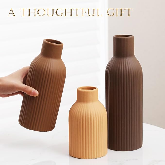 Joeabor Ceramic Vase Set of 3 - Handcrafted Ceramic Vases for Home Decor & Shelf - Modern Farmhouse Decor for Kitchen, Office, Bedroom & Living Room Decorative Objects for Mantel, Table Centerpieces