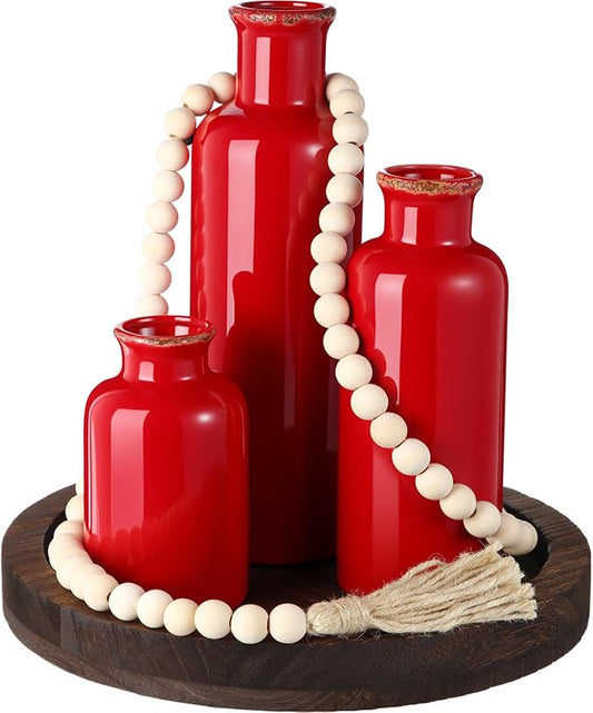 Tiangrid 5 Pcs Rustic Country Tabletop Centerpieces Decor Set of 3 Boho Ceramic Vases with Wooden Serving Tray Wood Bead Garland Tassels Table Holder for Home Decorations (Red)