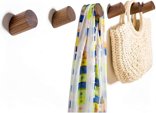 Wooden Wall Hooks, Natural Wood Coat Hooks Wall-Mounted (2 Pack), Rustic Wall Coat Rack Hat Hook, Entryway Walls Hangers, Heavy Duty Hook for Hanging Towels (Black Walnut)