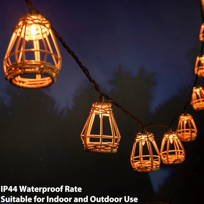 Decorative String Lights, UL Listed Rattan Lantern Style Patio Lights with 10 Mini Bulbs - Connectable, Weatherproof Plug In Lights for Indoor/Outdoor Home Decor, Pergola, Porch, Party and Backyard