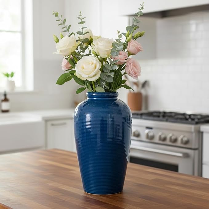 Wancetang Blue Ceramic Vases Home Decor - 11 Inch Tall Farmhouse Vases for Flowers, Modern Textured Vase for Centerpieces, Living Room, Kitchen Island Decor, Fireplace, Entryway Decorations