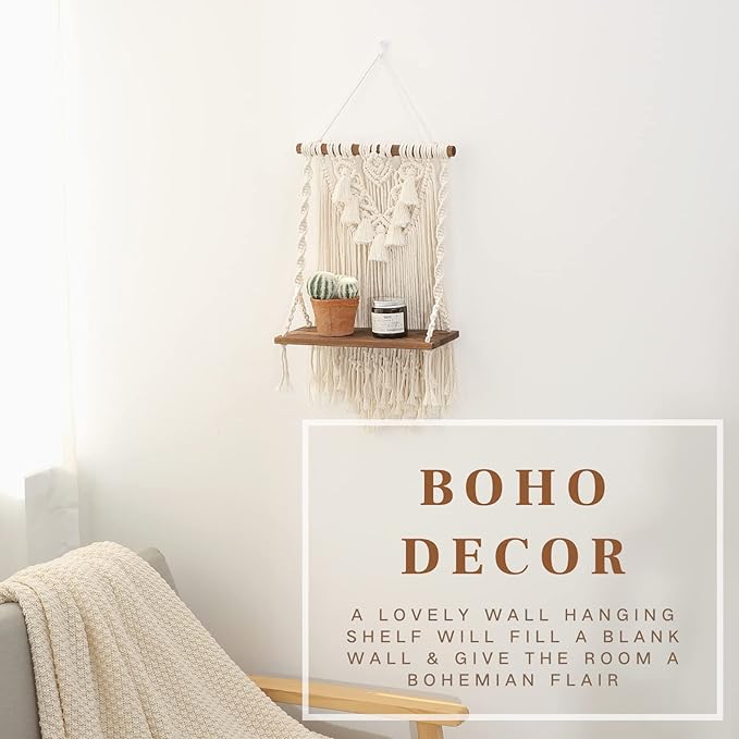 ANROYE Single Tier Macrame Boho Wall Hanging Shelf, Handmade Bohemian Wooden Woven Plants Floating Shelves Decor, Mini Chic Organizer for Bathroom Bedroom Western Home Nursery Storage Gift