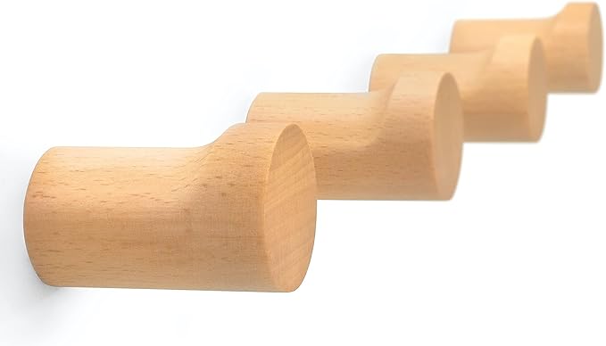 Natural Wooden Wall Hooks - Pack of 4 - Wall Mounted Hook - Modern Wood Coat Rack - Decorative Wooden Pegs for Hanging Hat, Towel, or Purse (Beech Wood)
