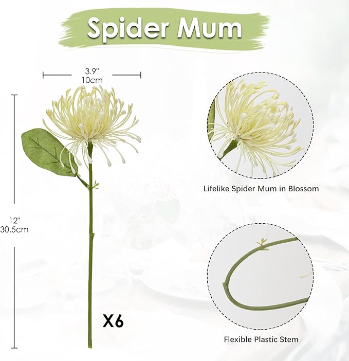 Briful 6PCS Artificial Chrysanthemum Spring Flowers 4'' Fake Pincushion Flower Large Spider Mums Flowers for Home Vase Décor Centerpiece Wedding Bouquet (Green White)