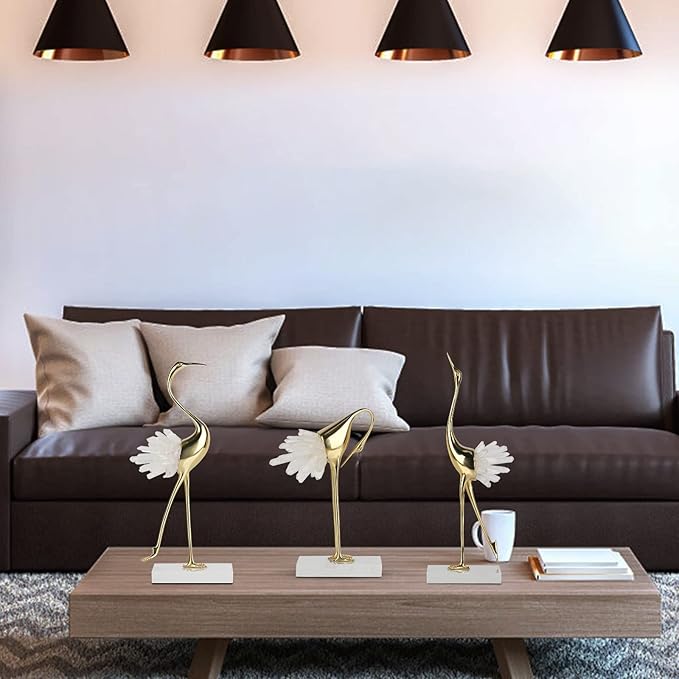 suruim Elegant Gold Crane Bird Statues with Crystal Tail Accents, Decorative Brass Figurines for Home Decor (White A)