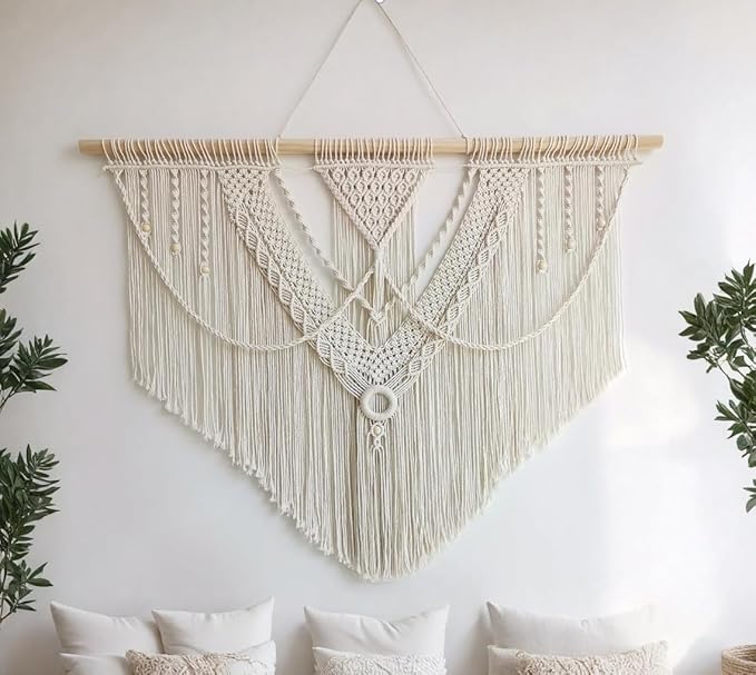 oiikain Large Handmade Boho Macrame Wall Hanging Tapestry - Chic Bohemian Woven Home Decor art for Living Room, Bedroom, and Wedding Parties (Beige, Large Sigle Triangle)