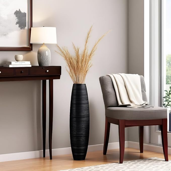 Rocendlor Tall Floor Vase, 27.5 inches (70cm, 2.3FT) Floor Vase Sturdy, Luxury, Textured for Decorative Branches Dried Flowers, Tall Vases for Rustic Living Room, Home Decor, Resin Black Vases
