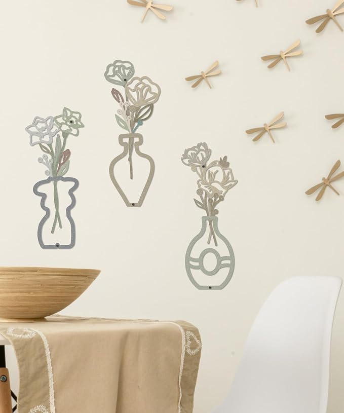 Putuo Decor 3-Piece Metal Flower Wall Decor, Floral Vase Bouquet Outline Accents Abstract Wall Art, Boho Farmhouse Wall Sculptures Hanging for Living Room Bedroom Bathroom Office
