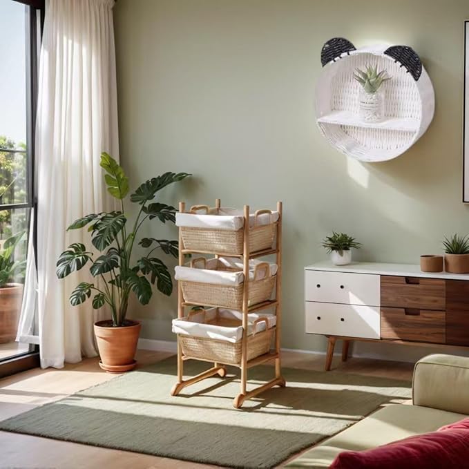 Wicker Wall Shelf, Round Rattan Hanging Organizer with Black Ears, Cute Nursery Wall Decor for Kids Room, Baby Bedroom Storage Rack, Small Floating Shelf for Plants, Toys & Home Décor