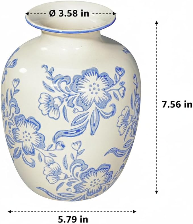 Wancetang Blue and White Chinoiserie Vase for Home Decor- 7 Inch Ceramic Floral Vase for Pampas Grass, Night Stand, Coastal, Kitchen Island, Dining Table Decor