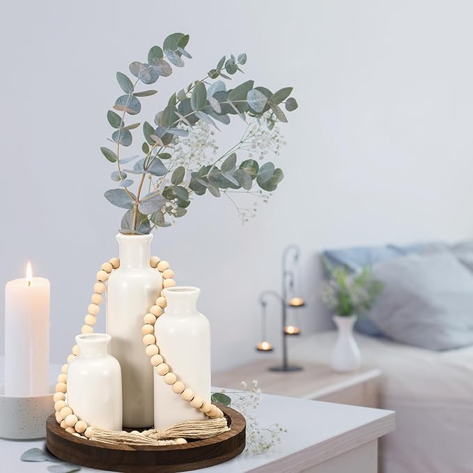 Tiangrid 5 Pcs Rustic Country Tabletop Centerpieces Decor Set of 3 Boho Ceramic Vases with Wooden Serving Tray Wood Bead Garland Tassels Table Holder for Home Decorations(Dark Brown)