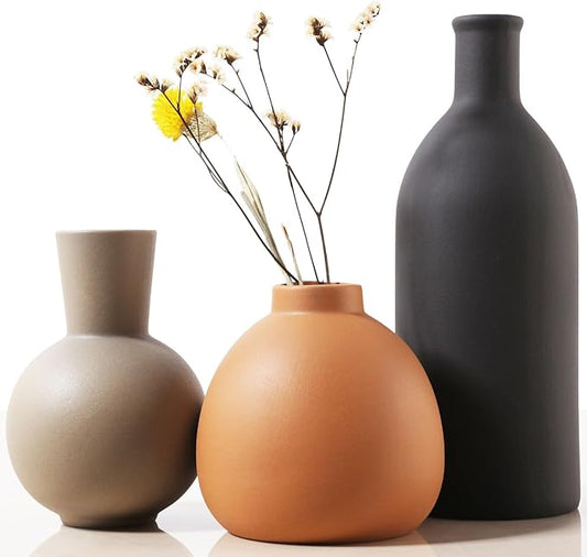 Joeabor Ceramic Vase Set of 3 - Handcrafted Ceramic Vases for Home Decor & Shelf - Modern Farmhouse Decor for Kitchen, Office, Bedroom & Living Room Decorative Objects for Mantel, Table Centerpieces