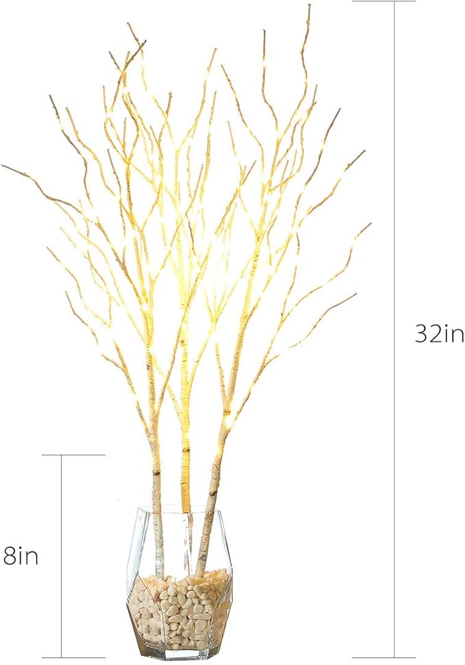 Hairui Lighted Artificial Twig Birch Tree Branch with Fairy Lights 32in 150 LED Plug in Lighted Willow Branch for Christmas Wedding Party Decoration 2 Sets (Vase Excluded)