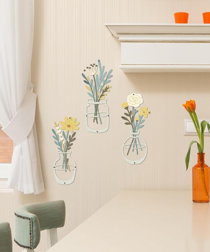 Putuo Decor 3 Pcs Metal Flower Wall Decor Modern Minimalist Iron Wall Sculptures Floral Line Vase Wall Art, Boho Farmhouse Wall Sculptures Hanging for Living Room Bedroom Entryway Kitchen Hallway Home