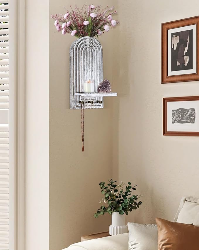 3-in-1 Wooden Wall Organizer - Planter Vase + Candle Sconces + Hooks (No Dried Flower)- Farmhouse Hanging Decor Boho Wall Art for Indoor Plants Artificial Eucalyptus for Living Room Bedroom Washwhite