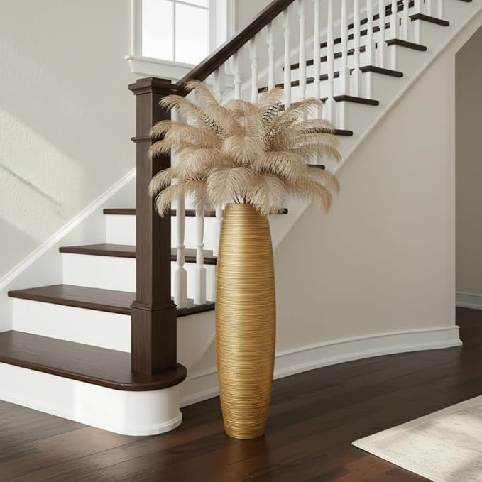 Rocendlor Tall Floor Vase, 27.5 inches (70cm, 2.3FT) Tall Vases Sturdy, Luxury, Textured for Decorative Branches Dried Flowers, Floor Vase for Rustic Living Room, Shelf Decor, Resin Gold