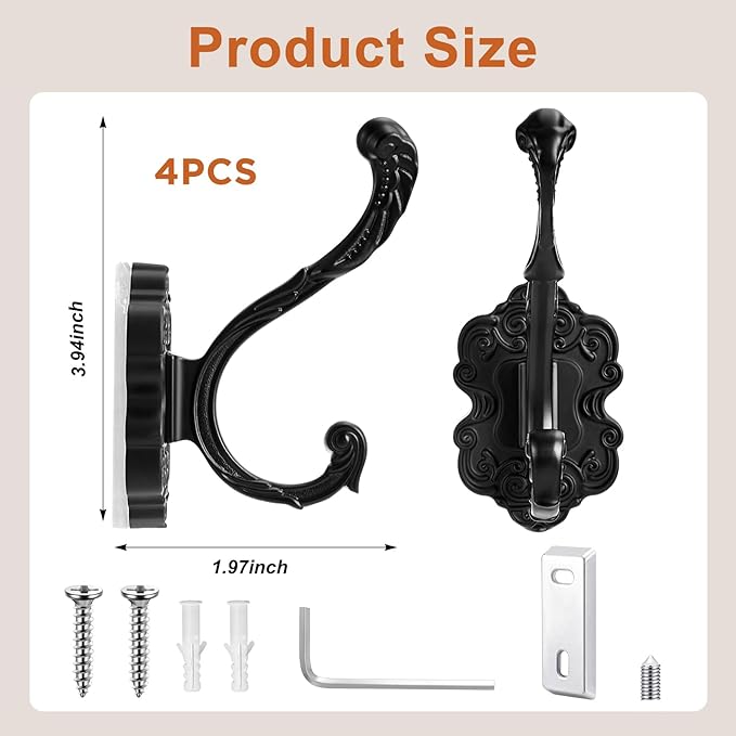 Zonon 4 Pcs Black Vintage Coat Hooks Decorative Towel Hooks for Bathrooms Antique Wall Hook for Hanging Purse Hat Keys Clothes Heavy Duty Unique French Country Curtain Holder for Wall