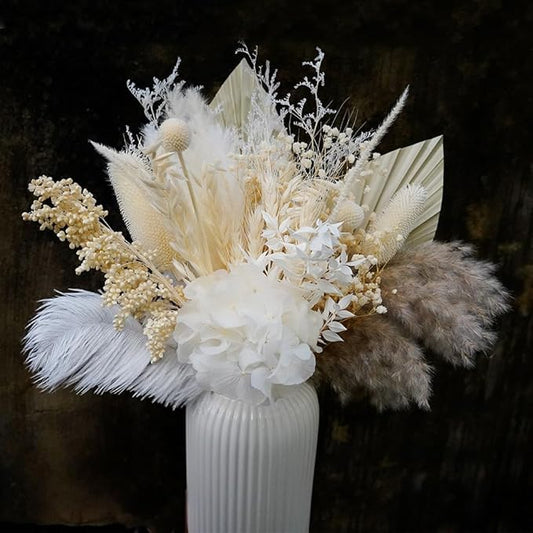 Natural Dried Pampas Dried Flower Bouquet, 17 "White Dried Fowers Bouque, Palm Leaf and Hydrangea Combination Bouquet, Boho Home Decor,Suitable for DYI Decorative Dried Flower Arrangements