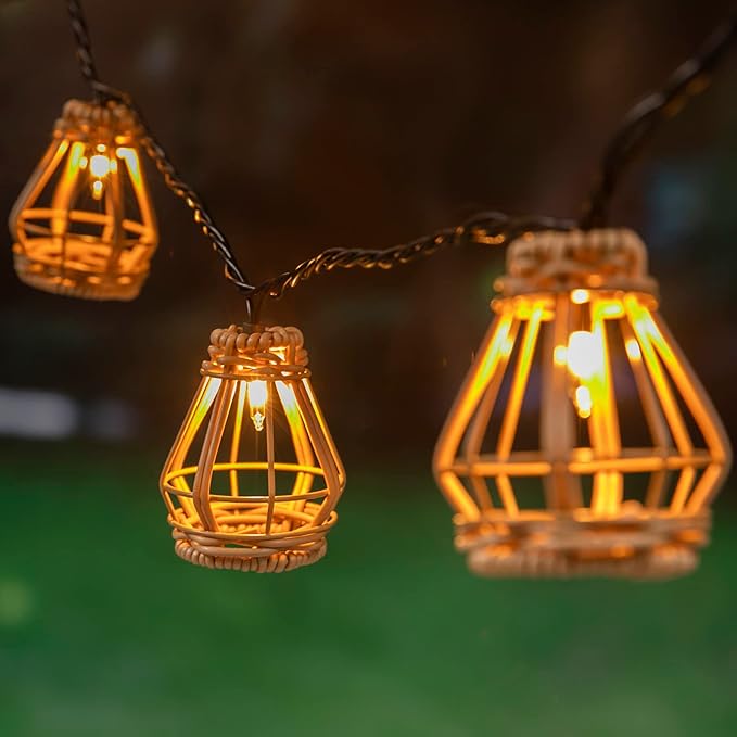 Decorative String Lights, UL Listed Rattan Lantern Style Patio Lights with 10 Mini Bulbs - Connectable, Weatherproof Plug In Lights for Indoor/Outdoor Home Decor, Pergola, Porch, Party and Backyard