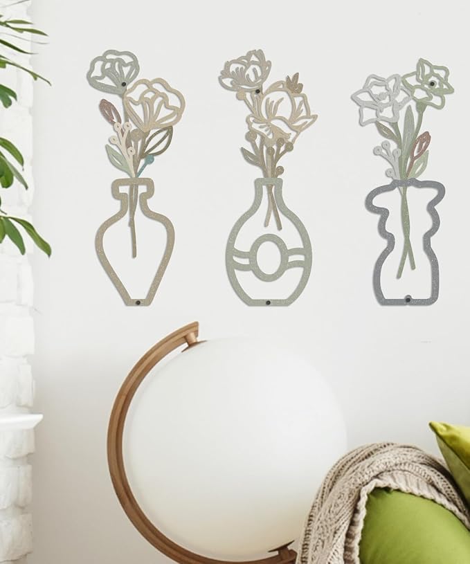 Putuo Decor 3-Piece Metal Flower Wall Decor, Floral Vase Bouquet Outline Accents Abstract Wall Art, Boho Farmhouse Wall Sculptures Hanging for Living Room Bedroom Bathroom Office