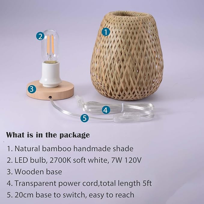 Boho Style Rattan Table Lamp,Dimmable Bamboo Desk Lamp,Green Bamboo