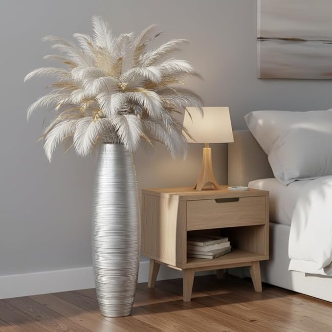 Rocendlor Tall Floor Vase, 27.5 inches (70cm, 2.3FT) Tall Vases Sturdy, Luxury, Textured for Decorative Branches Dried Flowers, Floor Vase for Rustic Living Room, Modern Decor, Resin Silver Vases