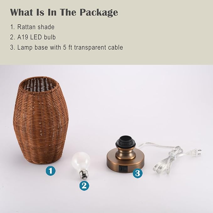 Boho Style Rattan Table Lamp,Dimmable Bamboo Desk Lamp,Touch & USB Charger Port,Oven Brown Rattan