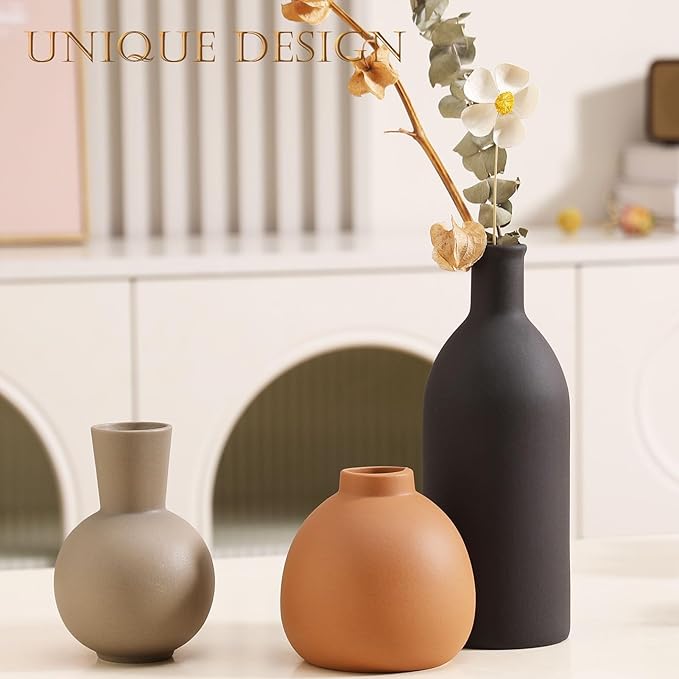 Joeabor Ceramic Vase Set of 3 - Handcrafted Ceramic Vases for Home Decor & Shelf - Modern Farmhouse Decor for Kitchen, Office, Bedroom & Living Room Decorative Objects for Mantel, Table Centerpieces