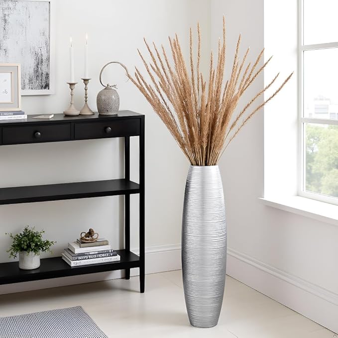 Rocendlor Tall Floor Vase, 27.5 inches (70cm, 2.3FT) Tall Vases Sturdy, Luxury, Textured for Decorative Branches Dried Flowers, Floor Vase for Rustic Living Room, Modern Decor, Resin Silver Vases
