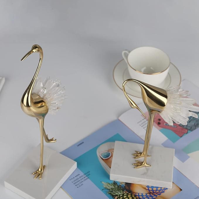suruim Elegant Gold Crane Bird Statues with Crystal Tail Accents, Decorative Brass Figurines for Home Decor (White A)