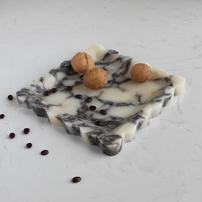 Natural Luxury Marble Tray with Scalloped Edge, Handmade Square Decorative Tray, Catch All Tray for Counter, Dresser, Nightstand and Home Décor (Calacatta Viola)
