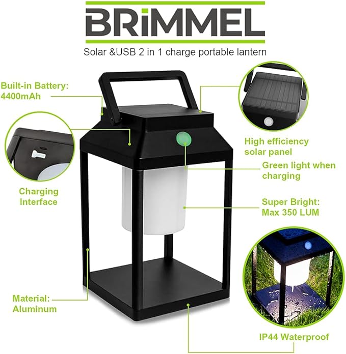 BRIMMEL Solar Outdoor Lantern Aluminum LED Portable Rechargeable Table Lamp 35W 3000K Outdoor Nightstand Lamp IP44 Waterproof Cordless Touch Control USB Solar 2 in 1 Hand Light for Patio, Black