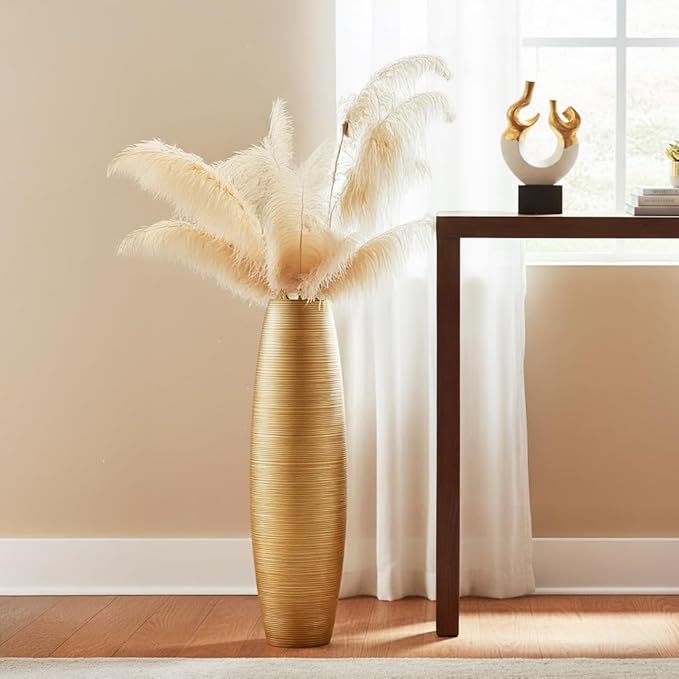 Rocendlor Tall Floor Vase, 27.5 inches (70cm, 2.3FT) Tall Vases Sturdy, Luxury, Textured for Decorative Branches Dried Flowers, Floor Vase for Rustic Living Room, Shelf Decor, Resin Gold