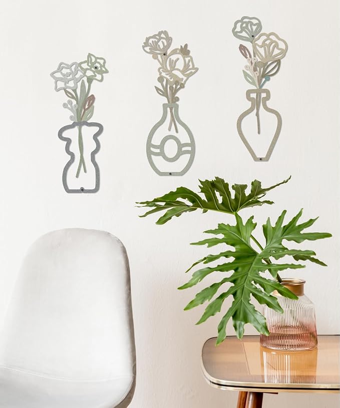 Putuo Decor 3-Piece Metal Flower Wall Decor, Floral Vase Bouquet Outline Accents Abstract Wall Art, Boho Farmhouse Wall Sculptures Hanging for Living Room Bedroom Bathroom Office