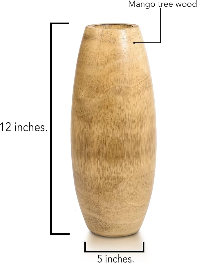 AeraVida 12-Inch Handcrafted Mango Wood Vase in Light Brown | Rustic Fall Flower Decor for Table or Entryway | Farmhouse Boho Accent for Dried Floral Arrangements