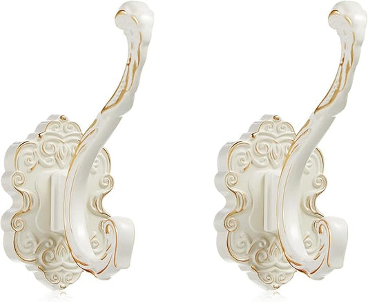 Zonon 2 Pcs White Vintage Coat Hooks Decorative Towel Hooks for Bathrooms Antique Wall Hook for Hanging Purse Hat Keys Clothes Heavy Duty Unique French Country Curtain Holder for Wall