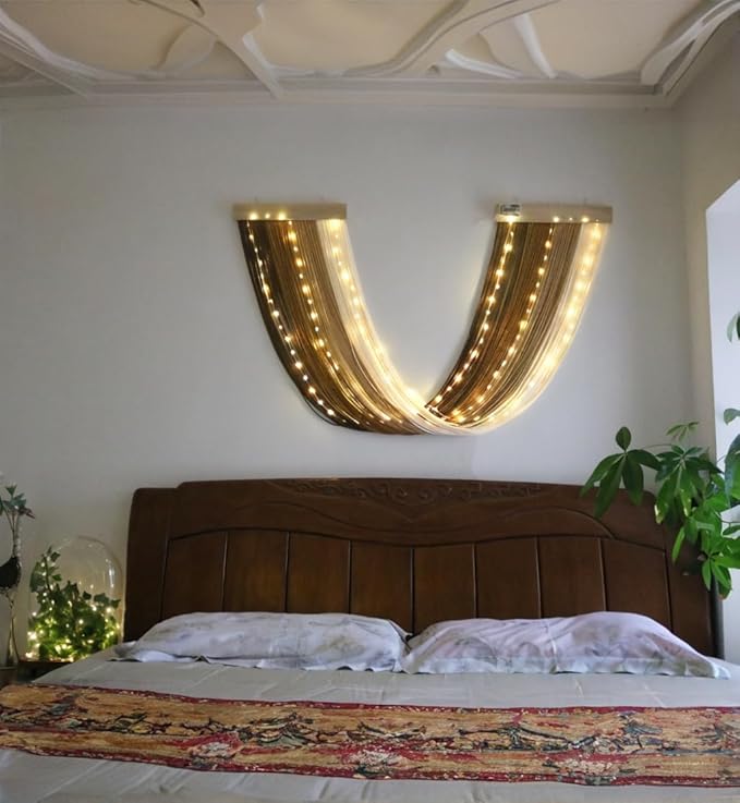 OakHaomie Macrame Fairy Lights Battery Operated with Remote,Large Macrame Wall Hanging with 20ft 100 LED String Lights,Brown Gradient Warm White Light for Living Room,Bedroom,Christmas,Holiday Deco