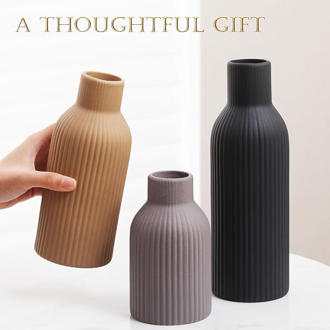 Joeabor Ceramic Vase Set of 3 - Handcrafted Ceramic Vases for Home Decor & Shelf - Modern Farmhouse Decor for Kitchen, Office, Bedroom & Living Room Decorative Objects for Mantel, Table Centerpieces