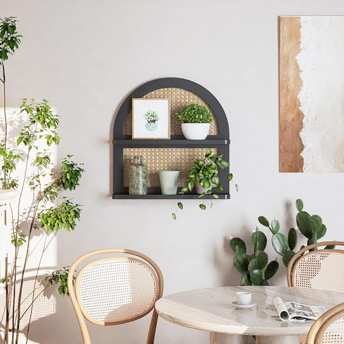 Wood Boho Rattan Wall Shelf - 2-Tier Arched Wicker Floating Shelf Black Wood New Boho Shelf, Rustic Farmhouse Nursery Decor Shelves Wall Mounted, Neutral Handcrafted (16''l Natural Rattan Shelf)
