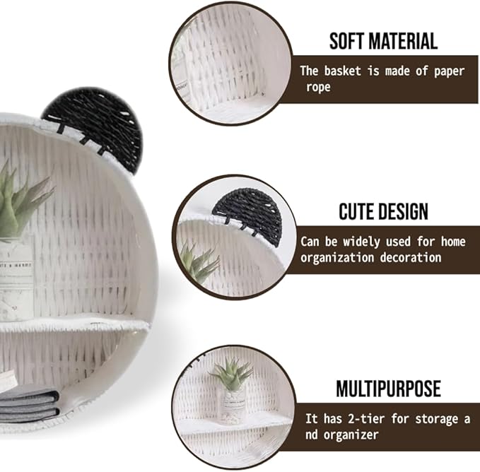 Wicker Wall Shelf, Round Rattan Hanging Organizer with Black Ears, Cute Nursery Wall Decor for Kids Room, Baby Bedroom Storage Rack, Small Floating Shelf for Plants, Toys & Home Décor