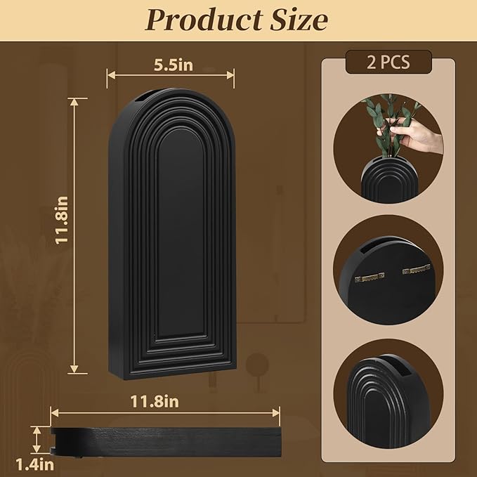 2 Pack Wooden Wall Vase Set with Pampas Grass Eucalyptus, Modern Farmhouse Boho Wall Decor for Living Room, Entryway, Hallway, Bathroom, Dining Room, Black Wall Art for Home Decoration