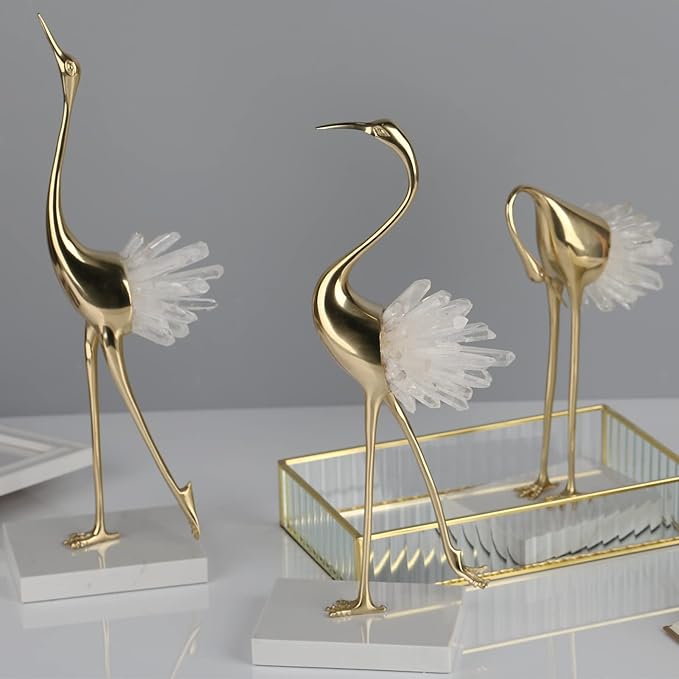 suruim Elegant Gold Crane Bird Statues with Crystal Tail Accents, Decorative Brass Figurines for Home Decor (White A)