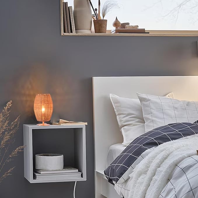 Boho Style Rattan Table Lamp,Dimmable Bamboo Desk Lamp,Naturl Rattan