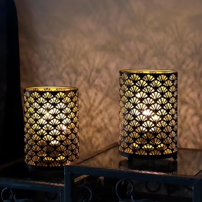 TRIROCKS Set of 2 Battery Operated Lamp 6.5'' Tall Metal Cordless Table Lamp Bronze Lanterns with Warm Fairy Lights Bulb for Patio Garden Wedding Parties Indoor Outdoor(Scalloped Hollow Pattern)