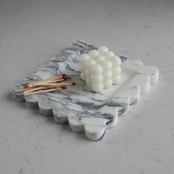Natural Luxury Marble Tray with Scalloped Edge, Handmade Square Decorative Tray, Catch All Tray for Counter, Dresser, Nightstand and Home Décor