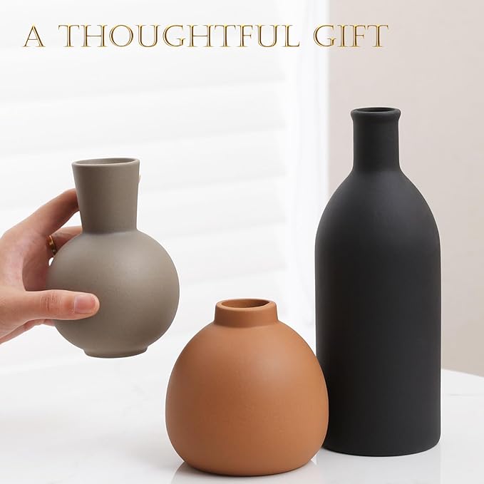 Joeabor Ceramic Vase Set of 3 - Handcrafted Ceramic Vases for Home Decor & Shelf - Modern Farmhouse Decor for Kitchen, Office, Bedroom & Living Room Decorative Objects for Mantel, Table Centerpieces