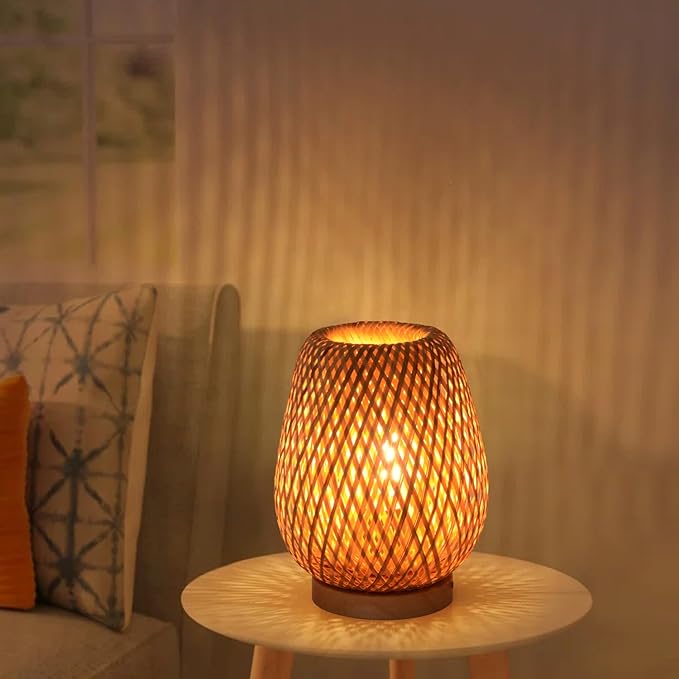 Boho Style Rattan Table Lamp,Dimmable Bamboo Desk Lamp,Green Bamboo