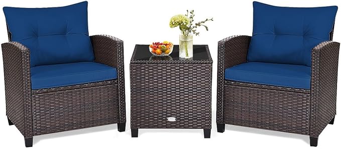 HAPPYGRILL 3 Pieces Patio Conversation Set, Outdoor Furniture Set PE Rattan Sofa Set with Removable Cushions, PE Wicker Chairs with Tempered Glass Side Table for Porch Lawn Garden Balcony Backyard