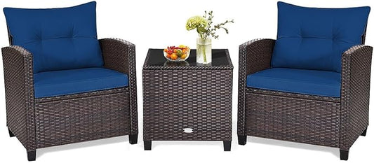 HAPPYGRILL 3 Pieces Patio Conversation Set, Outdoor Furniture Set PE Rattan Sofa Set with Removable Cushions, PE Wicker Chairs with Tempered Glass Side Table for Porch Lawn Garden Balcony Backyard