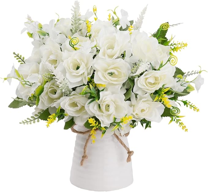 LESING Artificial Flowers with Vase for Table Centerpieces,Fake Silk Gardenia Flower in Vase Decoration for Home Office Party (White)